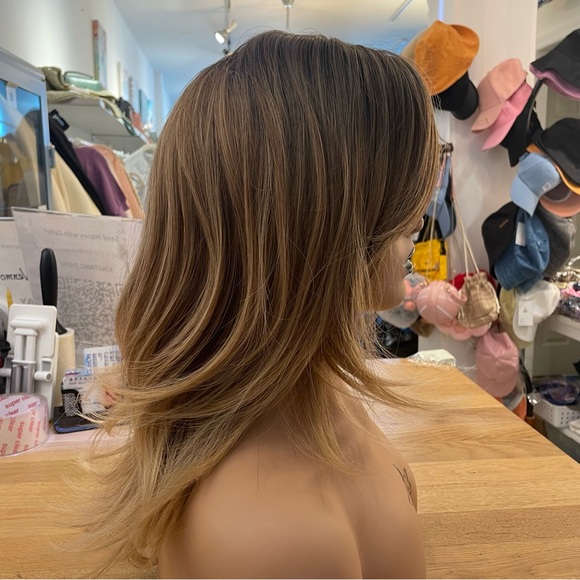 - Human hair brown ombre blonde blend dark root wig